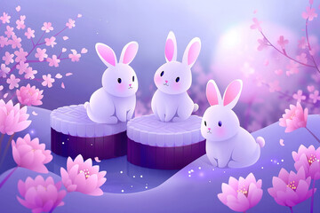 Cute rabbits sitting on wooden platforms surrounded by pink flowers in a magical landscape at twilight