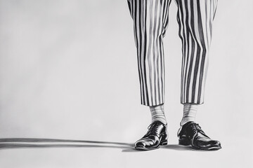 A close-up monochrome illustration showing striped pants and polished shoes casting a shadow, symbolizing formality and vintage style
