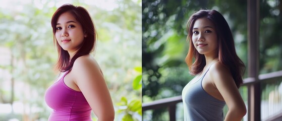 Split Image Comparison of Young Beautiful asian Women Before and After Weight Loss Showing Fuller Figure at fat Versus Slimmer