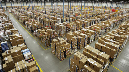 busy warehouse filled with rows of shelves stacked with cardboard boxes, showcasing organized and efficient storage system. atmosphere reflects productivity and order