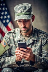 Social Cyber Warfare. Army Soldier Using Phone