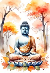 Serene Buddha Statue in Autumn Garden