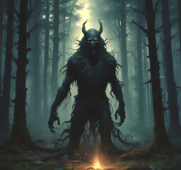 Illustration of spooky creature in woods.