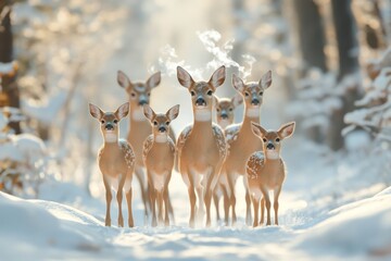 Wall Mural - Deer Family Playing in Winter Wonderland