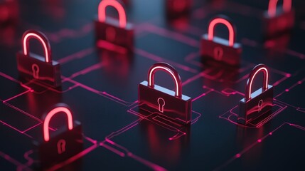 Wall Mural - vibrant digital illustration presents a futuristic vision of cybersecurity, featuring glowing padloc
