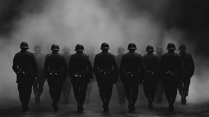 Soldiers with their backs in a row marching
