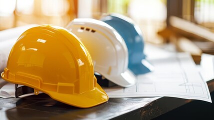Three hard hats on blueprint, safety gear for construction workers.