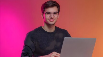 Portrait of a young,confident man with glasses using a laptop computer,showcasing his expertise as an information technology specialist,software engineer,or developer in a modern office environment.