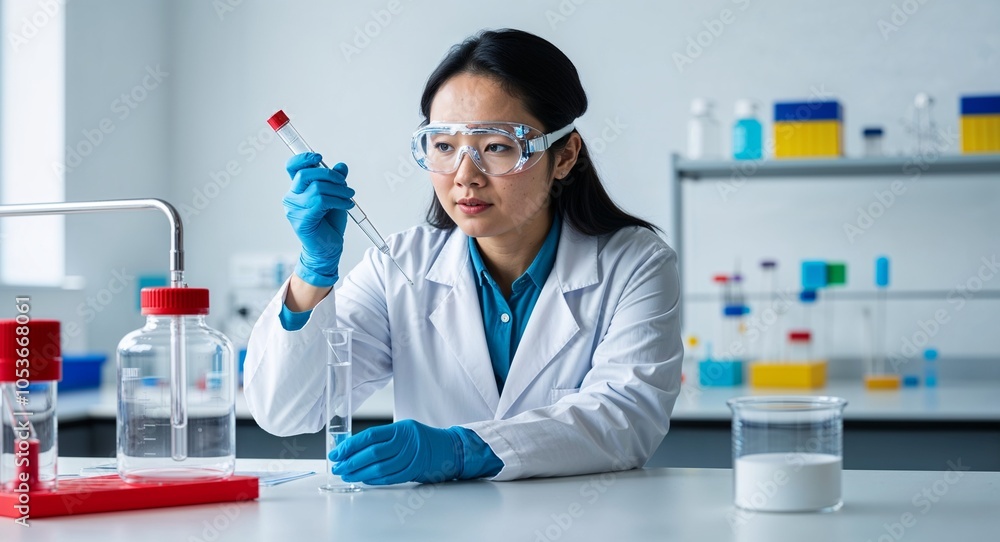Asian researcher in lab conducting experiment focused demeanor lab coat ...