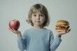 © CreativeLight - A banner depicting a child faced with the dilemma of choosing between a healthy apple and an unhealthy burger, emphasizing nutrition and healthy eating habits