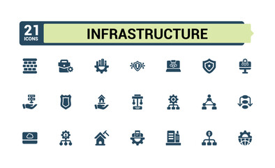 Set of Infrastructure solid icons. Includes icons for architecture, urban, industry, development, corporation, community, skyscraper and more. Perfect for logos and infographics. Vector illustration.