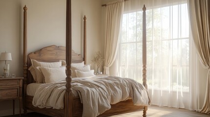 Wall Mural - Tranquil French country bedroom with a wooden four-poster bed