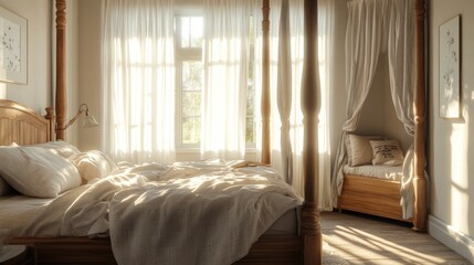 Wall Mural - Tranquil French country bedroom with a wooden four-poster bed