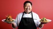 © Arceli - Asian chef confidently presenting dishes joyful demeanor chef coat and apron solid red background overweight mid forties male
