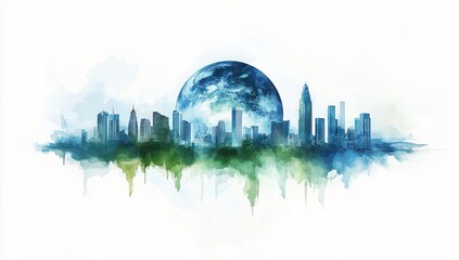 Global Environmental Themes: Watercolor Earth with Green & Blue Cityscape for Sustainability & Climate Change - Suitable for Creative Projects & Eco-Friendly Practices