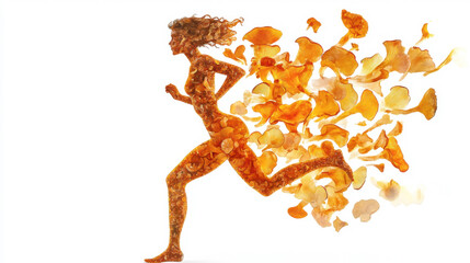 A woman running with leaves in her hair