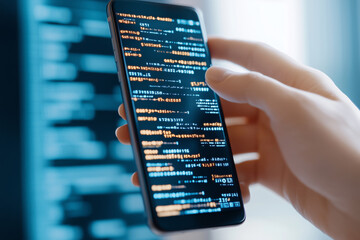 Developer engaged in app testing on a sleek smartphone during the day