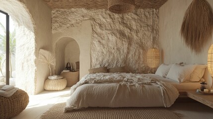 Wall Mural - Cozy and inviting bedroom interior with natural textures soft beige linens and a warm calming ambiance  The minimalist contemporary design creates a serene and relaxing atmosphere