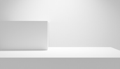 Wall Mural - White table. White background. White abstract empty forms. Blank white wall with copy space table - mock up for design and product placement with spotlight illuminated