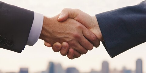 Two hands shaking in a professional agreement, blurred cityscape background.