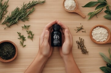 Hands holding a glass bottle filled with organic essential oil amid an arrangement of fresh herbs dried botanicals and natural ingredients for holistic wellness aromatherapy and self care rituals