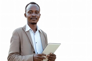 Confident rwandan entrepreneur holding tablet, symbolizing innovation and growth in african business. Professional, focused on connection and communication