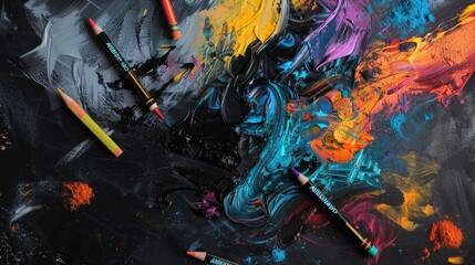 Naklejka na meble Colorful Paint Swirls and Pencils on a Black Surface