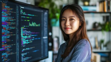 A young Asian woman programmer stands confidently in front