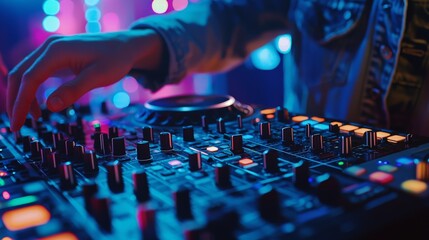 A close-up of a DJ mixing tracks on a professional console at a nightclub