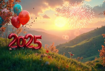 Happy new year 2025 typography greeting card, poster, banner with celebration elements. Happy new year walpaper.