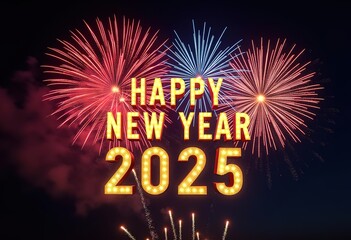 Happy new year 2025 typography greeting card, poster, banner with celebration elements. Happy new year walpaper.