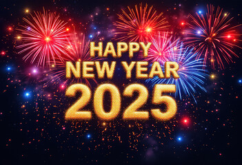 Happy new year 2025 typography greeting card, poster, banner with celebration elements. Happy new year walpaper.