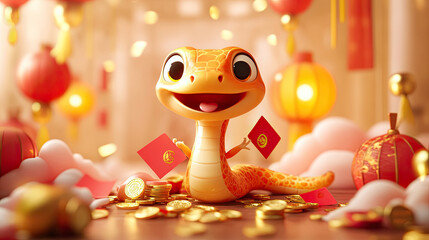 Chinese new year 2025. A snake with a traditional red Oriental lantern