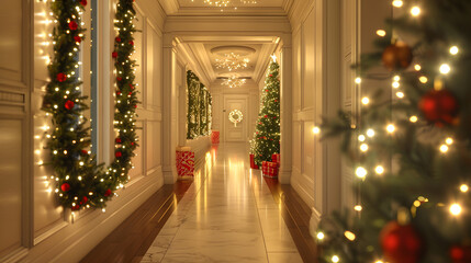 Elegant hallway adorned with Christmas garlands, lights, and a decorated tree, creating a warm holiday atmosphere with glowing decor