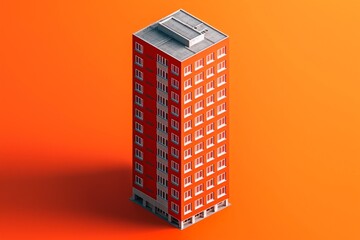 A tall building with red walls and gray windows on an orange background, rendered in an isometric style.