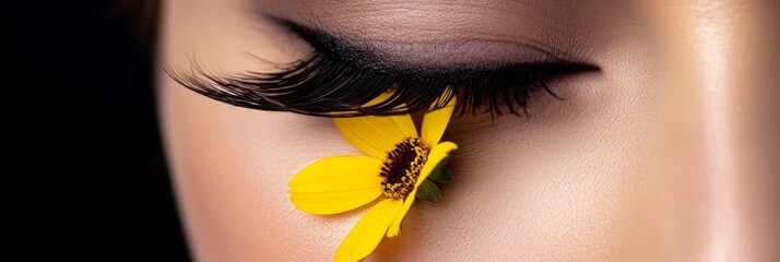  A tight shot of a woman's eye featuring a yellow bloom nestled within her lengthy lashes