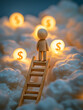 © SashaMagic - Wooden figure climbing ladder among clouds and dollar signs.