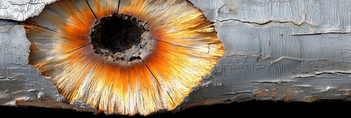 Wall Mural -  A detailed shot of a wooden round with an embedded yellow-orange eyeball at its core