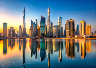 A city skyline with a large building in the middle