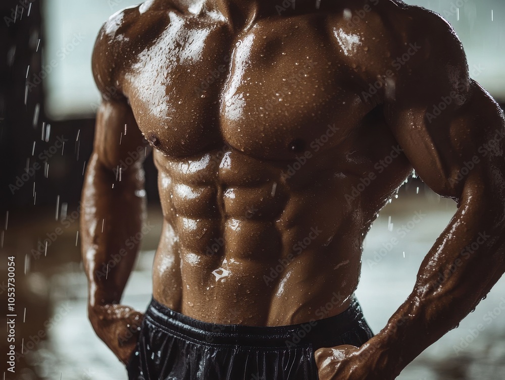 Muscular man showing defined abs with water droplets glistening in a ...