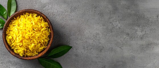  A wooden bowl holds yellow rice atop a cement floor Nearby, a vibrant green plant with leafy foliage flourishes