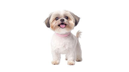 Wall Mural - A cheerful small dog stands against a white background, showcasing its fluffy white coat and playful demeanor.