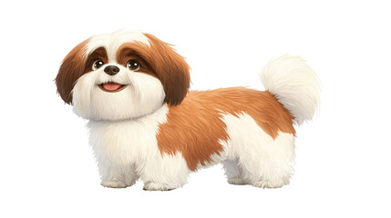 Wall Mural - A cute, fluffy cartoon dog with brown and white fur, standing happily against a white background.