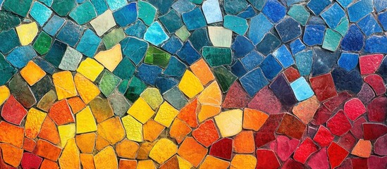 Wall Mural - colorful mosaic tile wall background with different shapes and shades of red, yellow, blue and green