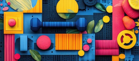 Wall Mural - colorful geometric abstract background with dumbbell and leaves.