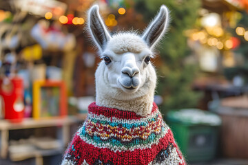 portrait of cute llama in woolen sweater on christmas market