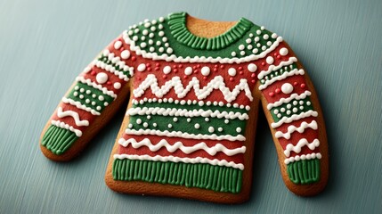 Wall Mural - Creative gingerbread cookie shaped like a holiday sweater, covered in colorful frosting patterns for Gingerbread Decorating Day fun 