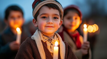 Candlelit procession walking through a village at dusk, with children dressed as Mary and Joseph, celebrating the tradition of Las Posadas 