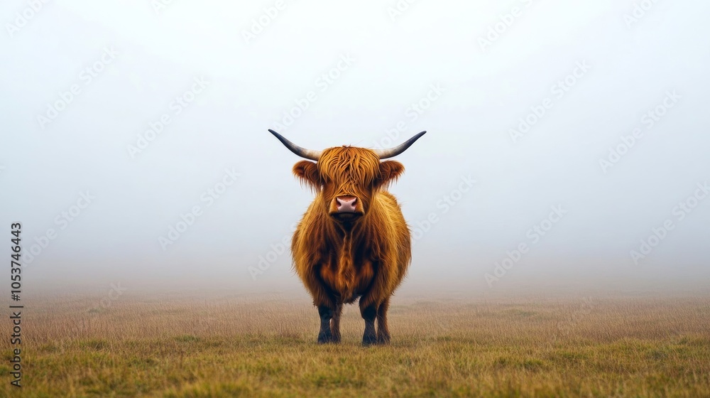 Highland cow standing proudly in a misty field, its long hair blowing ...
