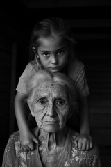 Portrait of grandmother with her granddaughter. Black and white. 